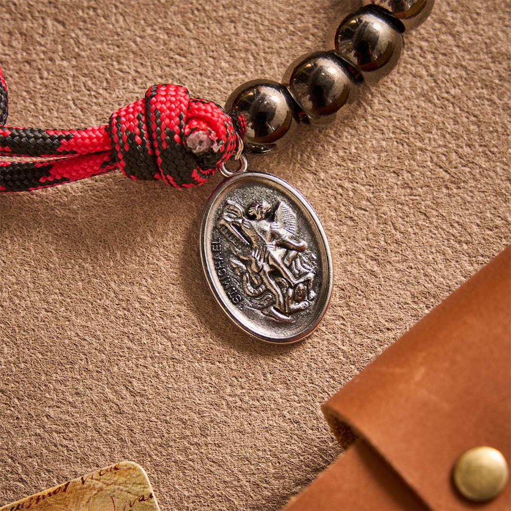 Solacebeads Gunmetal Bead Car Rosary &amp; Red Enamel Crucifix: Rooted In St. Michael Protection - image 3