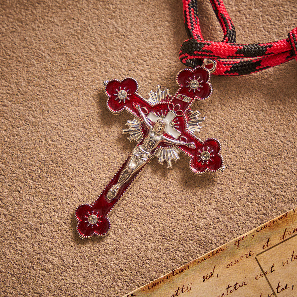Solacebeads Gunmetal Bead Car Rosary &amp; Red Enamel Crucifix: Rooted In St. Michael Protection - image 4