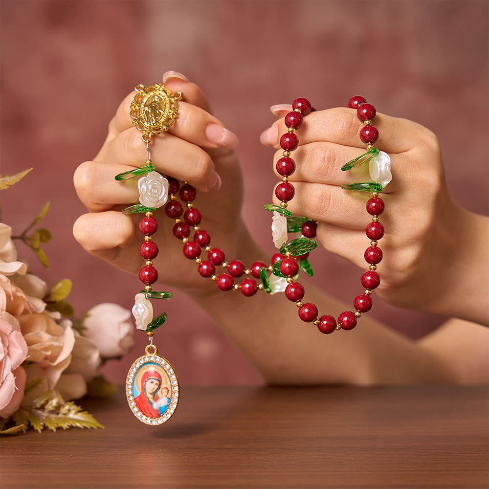 SolaceBeads Red Cinnabar Stone Rosary with Rose Spacers, Dual Gold Charms: Soft Tender Daily Reflection - image 1