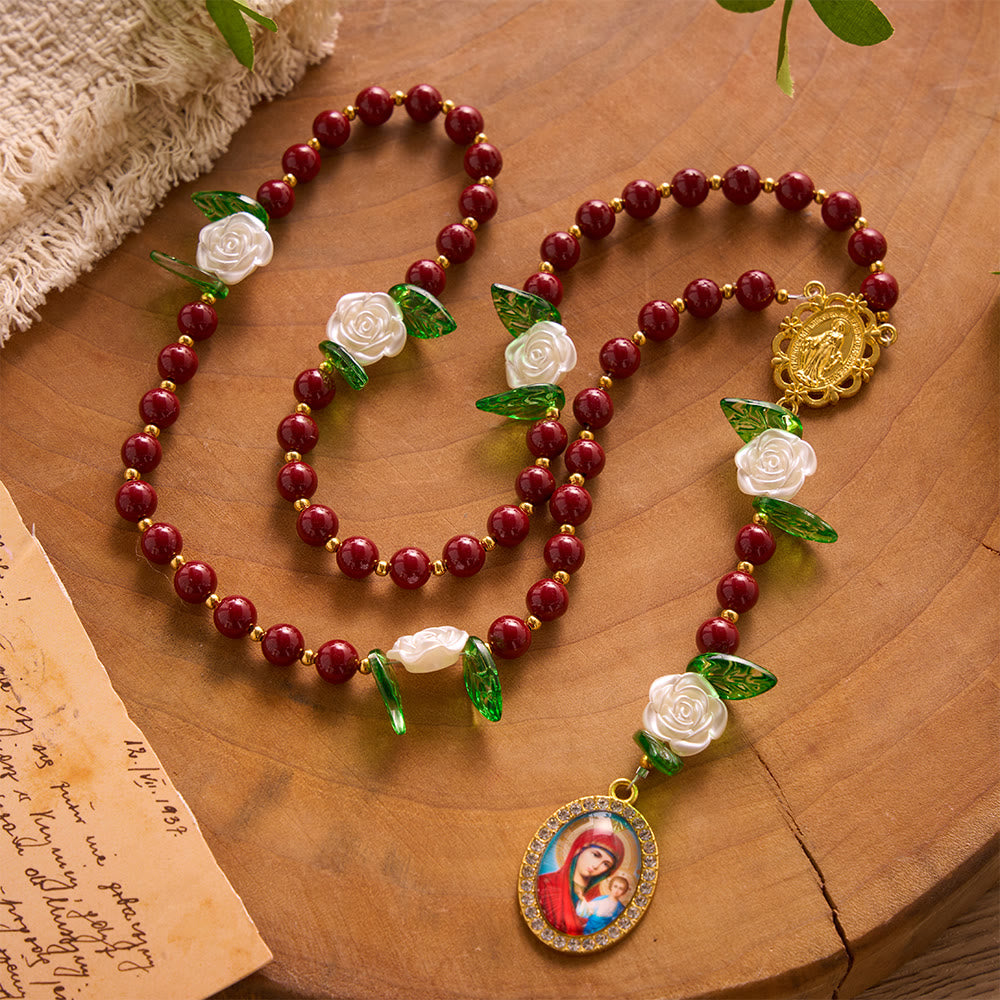 SolaceBeads Red Cinnabar Stone Rosary with Rose Spacers, Dual Gold Charms: Soft Tender Daily Reflection - image 4