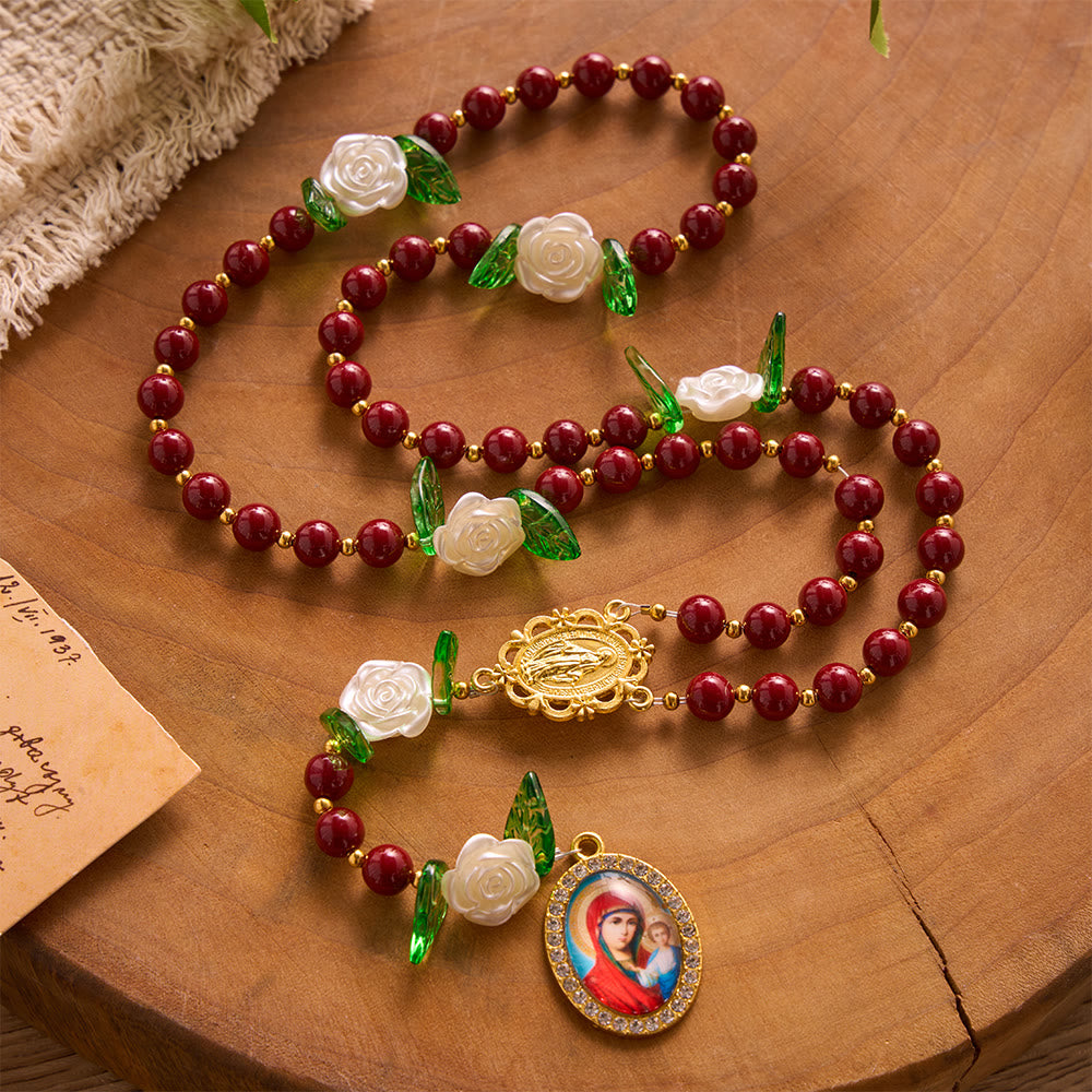 SolaceBeads Red Cinnabar Stone Rosary with Rose Spacers, Dual Gold Charms: Soft Tender Daily Reflection - image 2