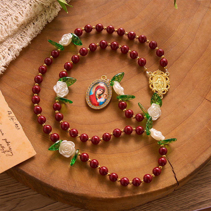 SolaceBeads Red Cinnabar Stone Rosary with Rose Spacers, Dual Gold Charms: Soft Tender Daily Reflection - image 3