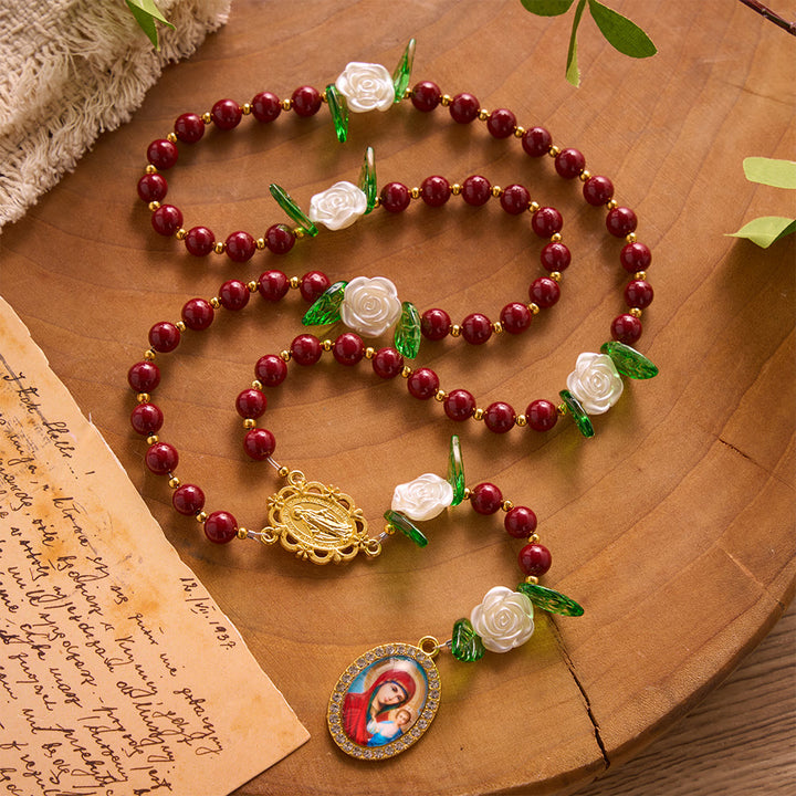 SolaceBeads Red Cinnabar Stone Rosary with Rose Spacers, Dual Gold Charms: Soft Tender Daily Reflection - image 9