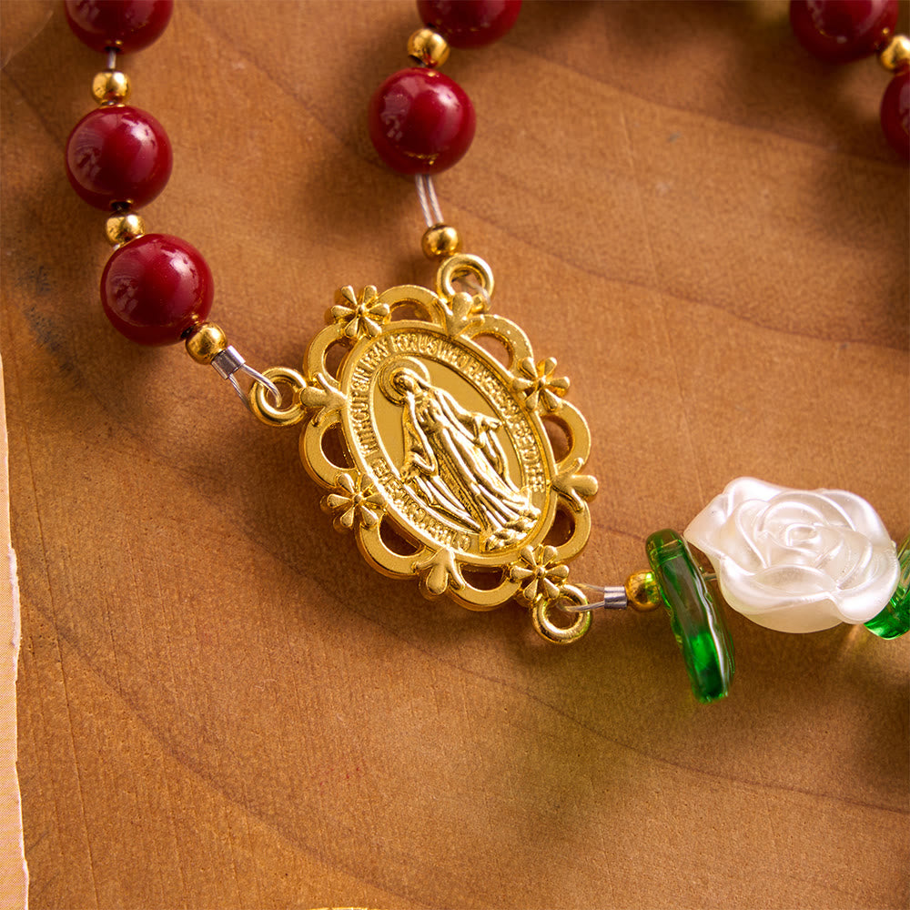 SolaceBeads Red Cinnabar Stone Rosary with Rose Spacers, Dual Gold Charms: Soft Tender Daily Reflection - image 6