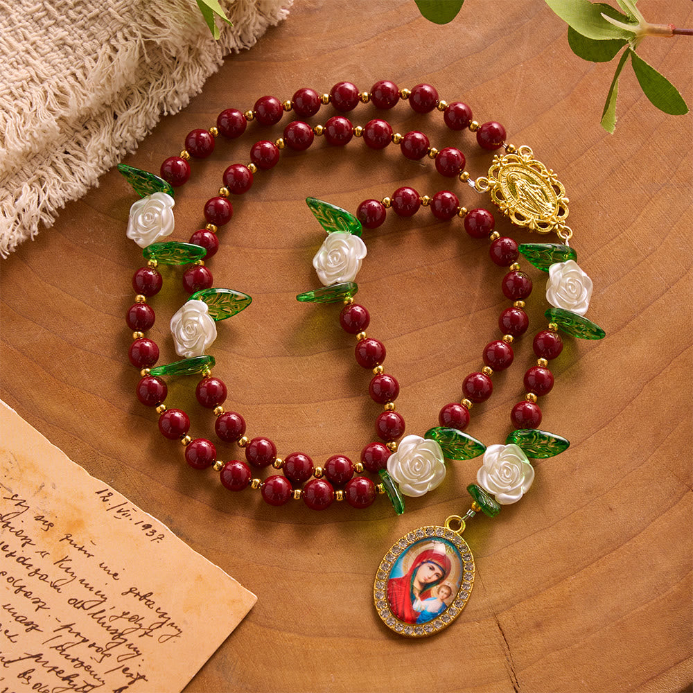 SolaceBeads Red Cinnabar Stone Rosary with Rose Spacers, Dual Gold Charms: Soft Tender Daily Reflection - Red - image 0