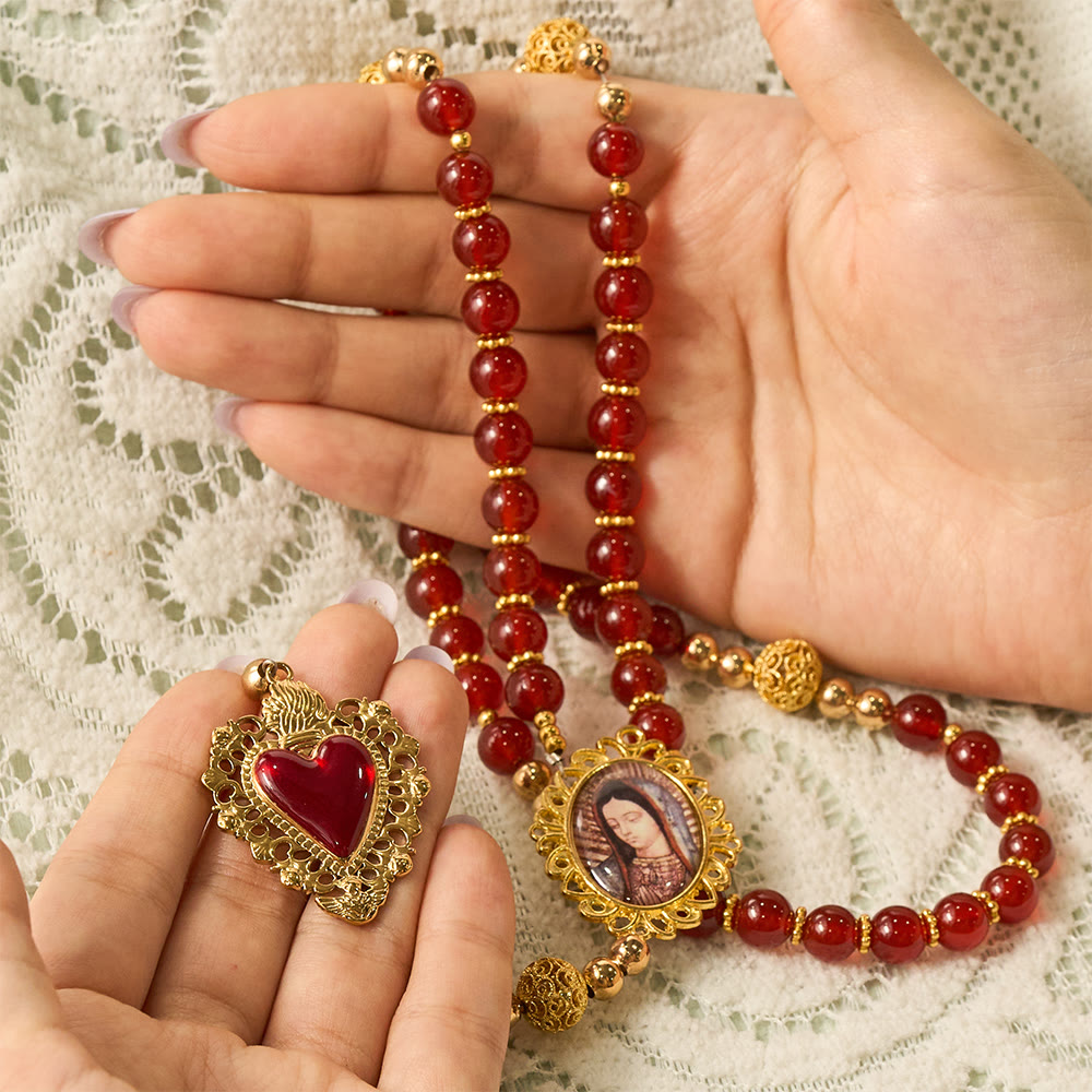 SolaceBeads Red Agate Rosary, Filigree Ball Beads, Sacred Heart &amp; Madonna: Gentle Warm Daily Devotion - image 1