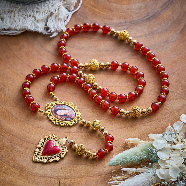 SolaceBeads Red Agate Rosary, Filigree Ball Beads, Sacred Heart &amp; Madonna: Gentle Warm Daily Devotion - image 2
