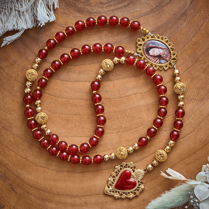 SolaceBeads Red Agate Rosary, Filigree Ball Beads, Sacred Heart &amp; Madonna: Gentle Warm Daily Devotion - Red - image 0