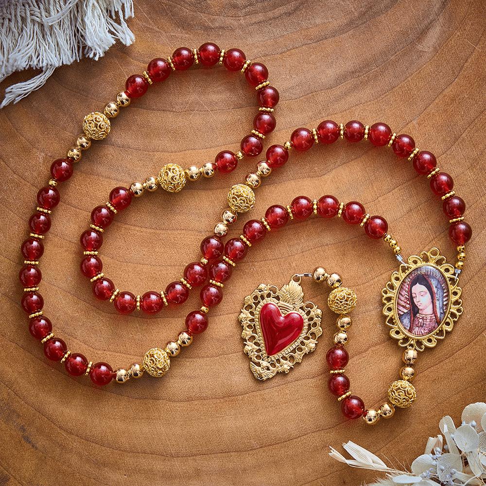 SolaceBeads Red Agate Rosary, Filigree Ball Beads, Sacred Heart &amp; Madonna: Gentle Warm Daily Devotion - image 3
