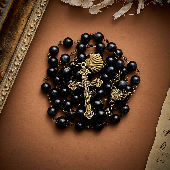 SolaceBeads Black Cat Eye Rosary, Gloss Glass Beads, Shell &amp; Cross: Firm Steadfast Daily Devotion - image 6