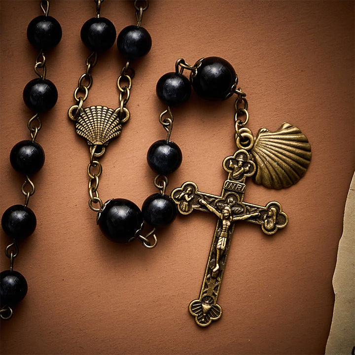 SolaceBeads Black Cat Eye Rosary, Gloss Glass Beads, Shell &amp; Cross: Firm Steadfast Daily Devotion - image 5