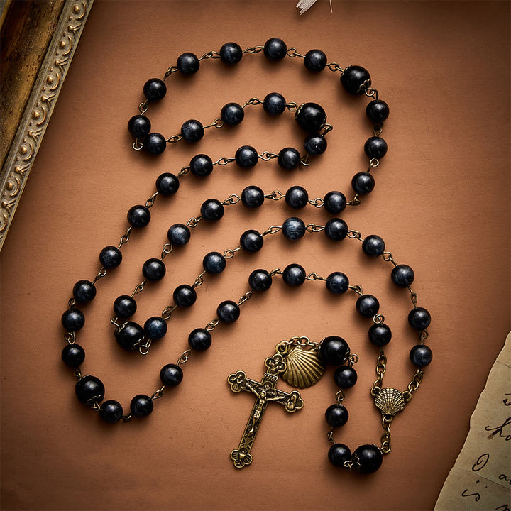 SolaceBeads Black Cat Eye Rosary, Gloss Glass Beads, Shell &amp; Cross: Firm Steadfast Daily Devotion - image 5