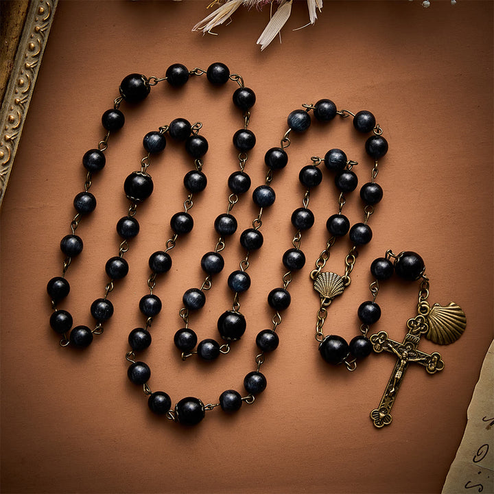 SolaceBeads Black Cat Eye Rosary, Gloss Glass Beads, Shell &amp; Cross: Firm Steadfast Daily Devotion - Black - image 0
