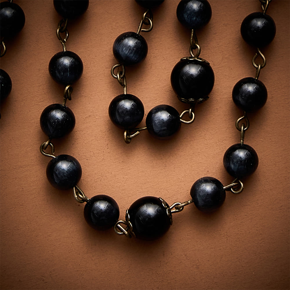 SolaceBeads Black Cat Eye Rosary, Gloss Glass Beads, Shell &amp; Cross: Firm Steadfast Daily Devotion - image 2