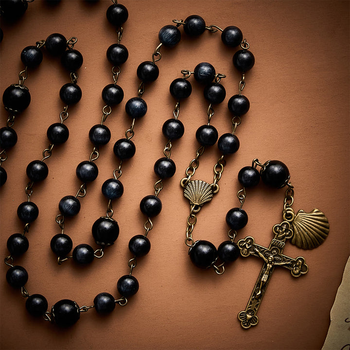 SolaceBeads Black Cat Eye Rosary, Gloss Glass Beads, Shell &amp; Cross: Firm Steadfast Daily Devotion - image 1