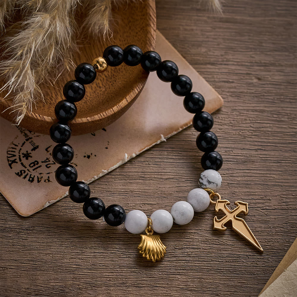 SolaceBeads Black Agate &amp; White Turquoise St. James Pilgrim Stone Bracelet: Rooted in Camino Faith - image 4