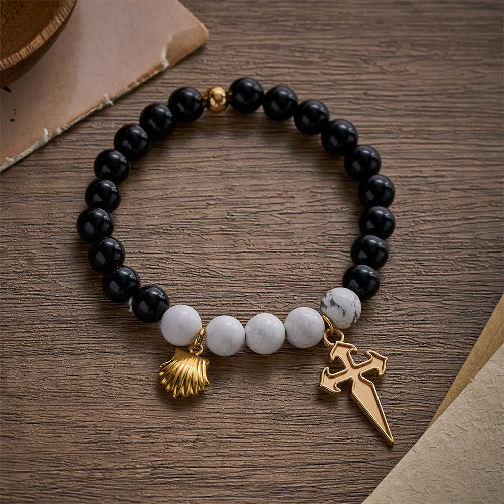 SolaceBeads Black Agate & White Turquoise St. James Pilgrim Stone Bracelet: Rooted in Camino Faith - Black & White - image 0
