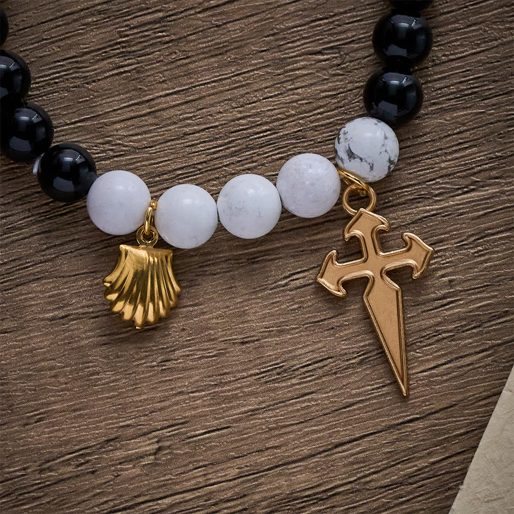 SolaceBeads Black Agate &amp; White Turquoise St. James Pilgrim Stone Bracelet: Rooted in Camino Faith - image 2