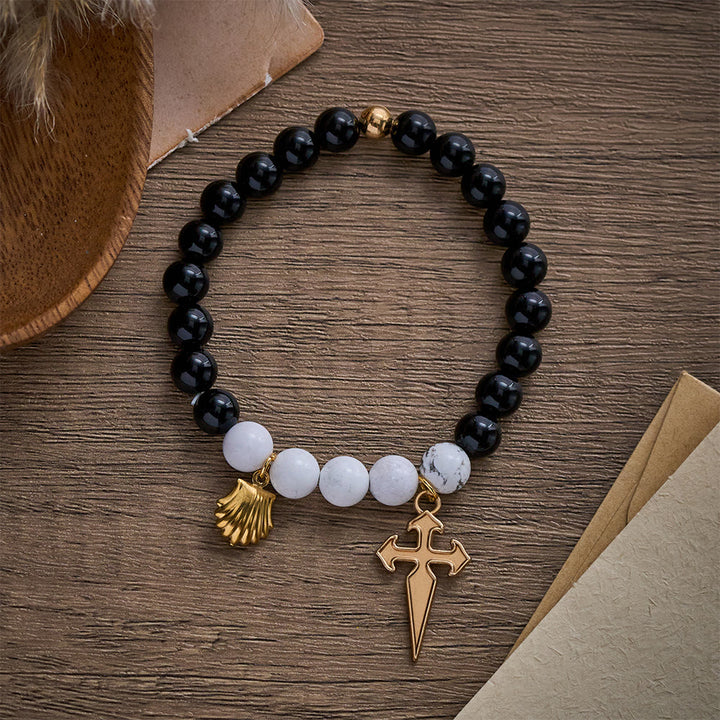 SolaceBeads Black Onyx &amp; White Howlite St. James Pilgrim Stone Bracelet: Rooted in Camino Faith - image 3