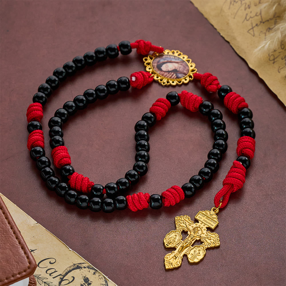 SolaceBeads Knotted Art Rosary, Red Cord Knots, Madonna &amp; Pardon Cross: Firm Steadfast Daily Devotion - image 2