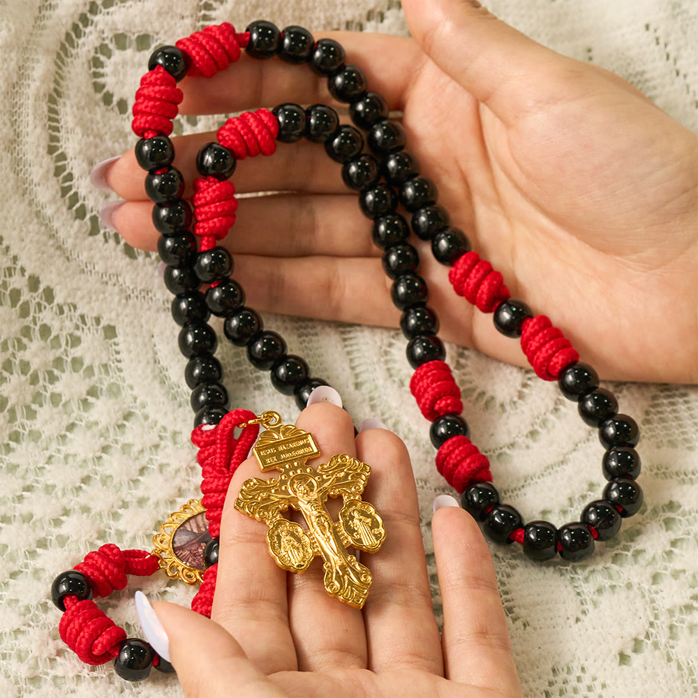 SolaceBeads Knotted Art Rosary, Red Cord Knots, Madonna &amp; Pardon Cross: Firm Steadfast Daily Devotion - image 1