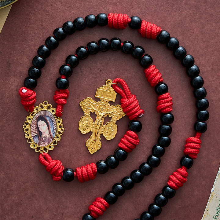 SolaceBeads Knotted Art Rosary, Red Cord Knots, Madonna &amp; Pardon Cross: Firm Steadfast Daily Devotion - image 4