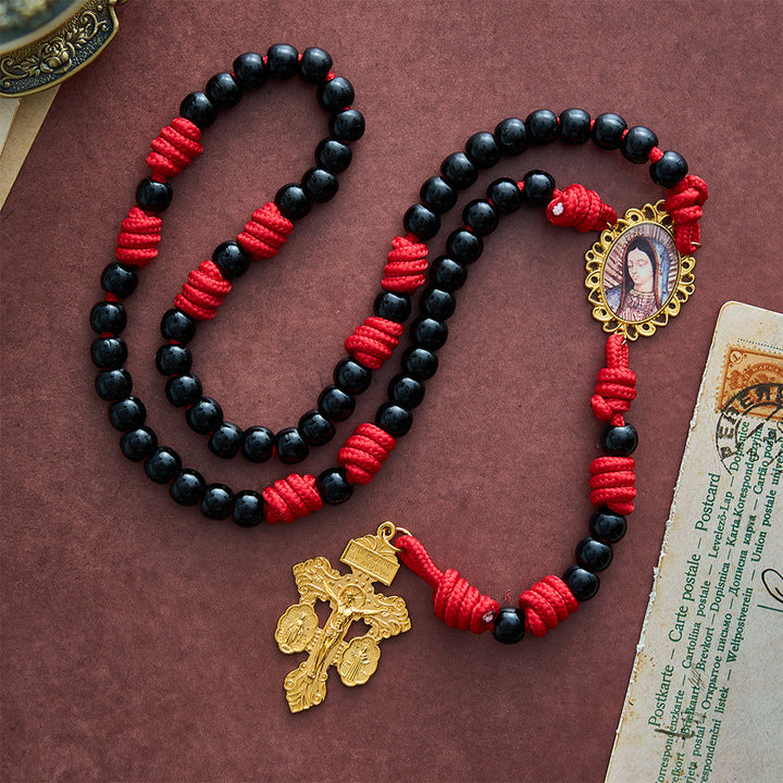 SolaceBeads Knotted Art Rosary, Red Cord Knots, Madonna &amp; Pardon Cross: Firm Steadfast Daily Devotion - image 3