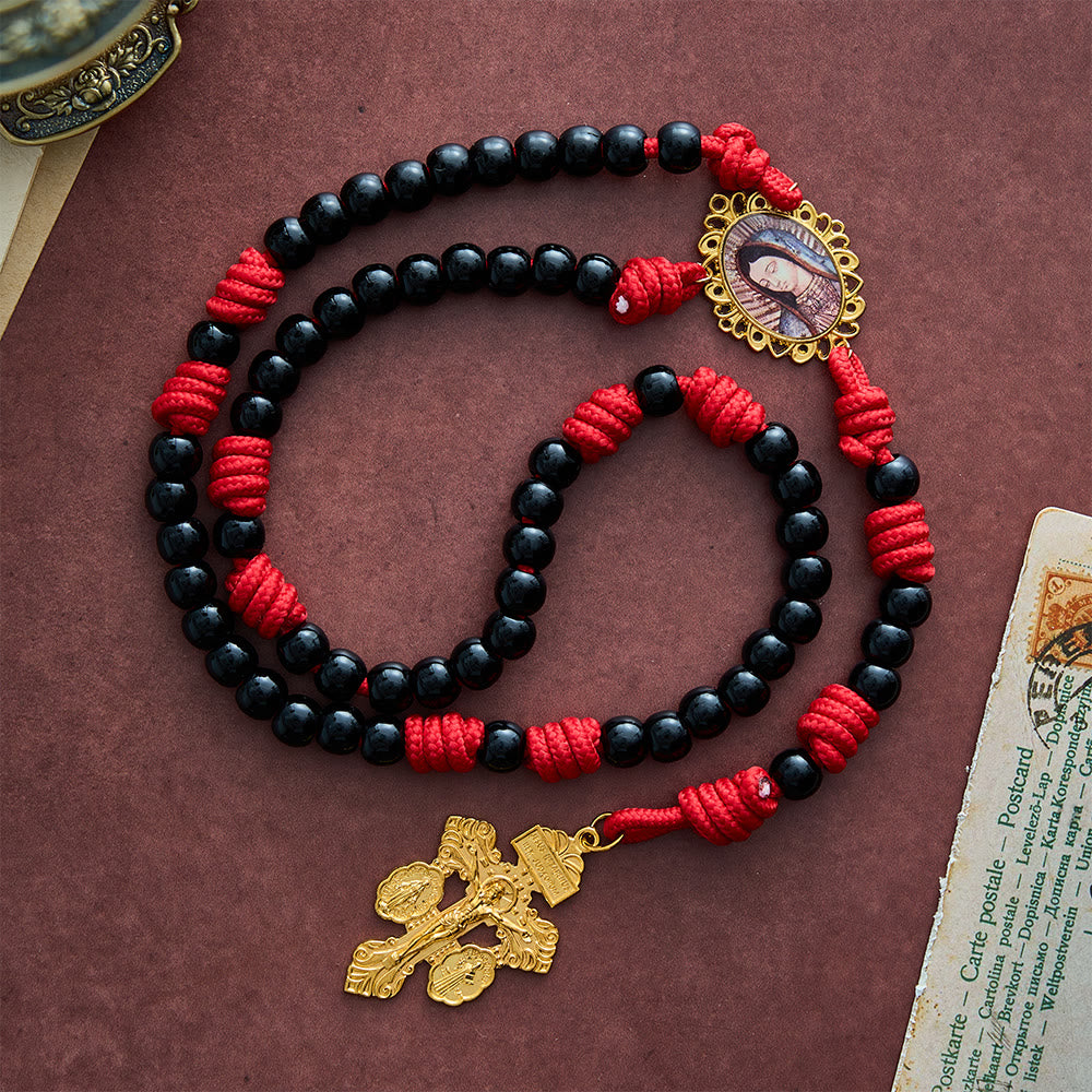 SolaceBeads Knotted Art Rosary, Red Cord Knots, Madonna &amp; Pardon Cross: Firm Steadfast Daily Devotion - Black - image 0