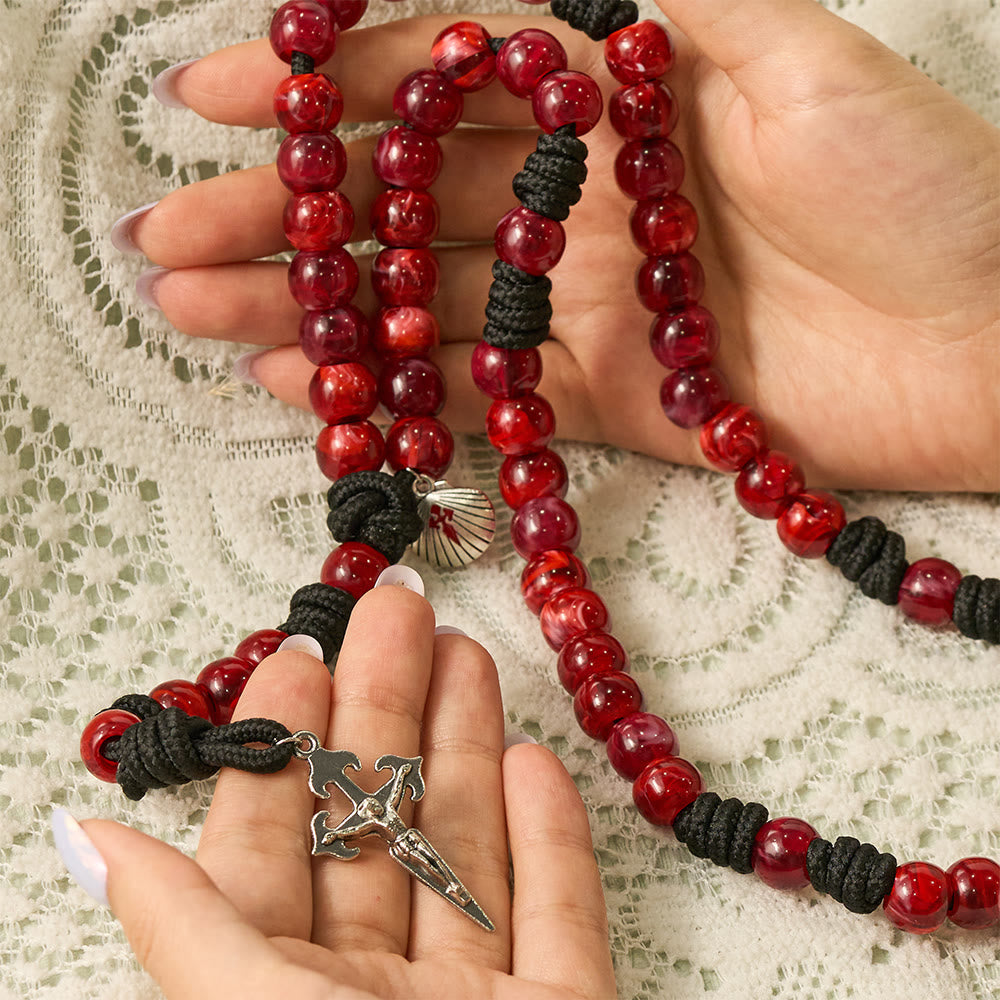SolaceBeads Rich Red Artistic Rosary with Shell Medal &amp; Sword Crucifix: Pilgrimage Faith Series - image 1