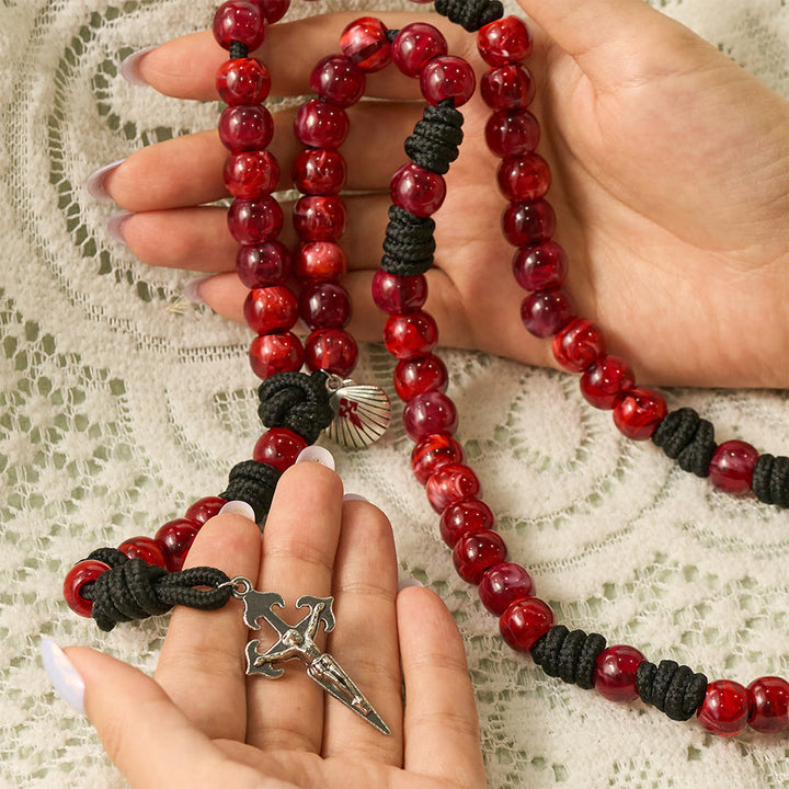 SolaceBeads Rich Red Artistic Rosary with Shell Medal &amp; Sword Crucifix: Pilgrimage Faith Series - image 1