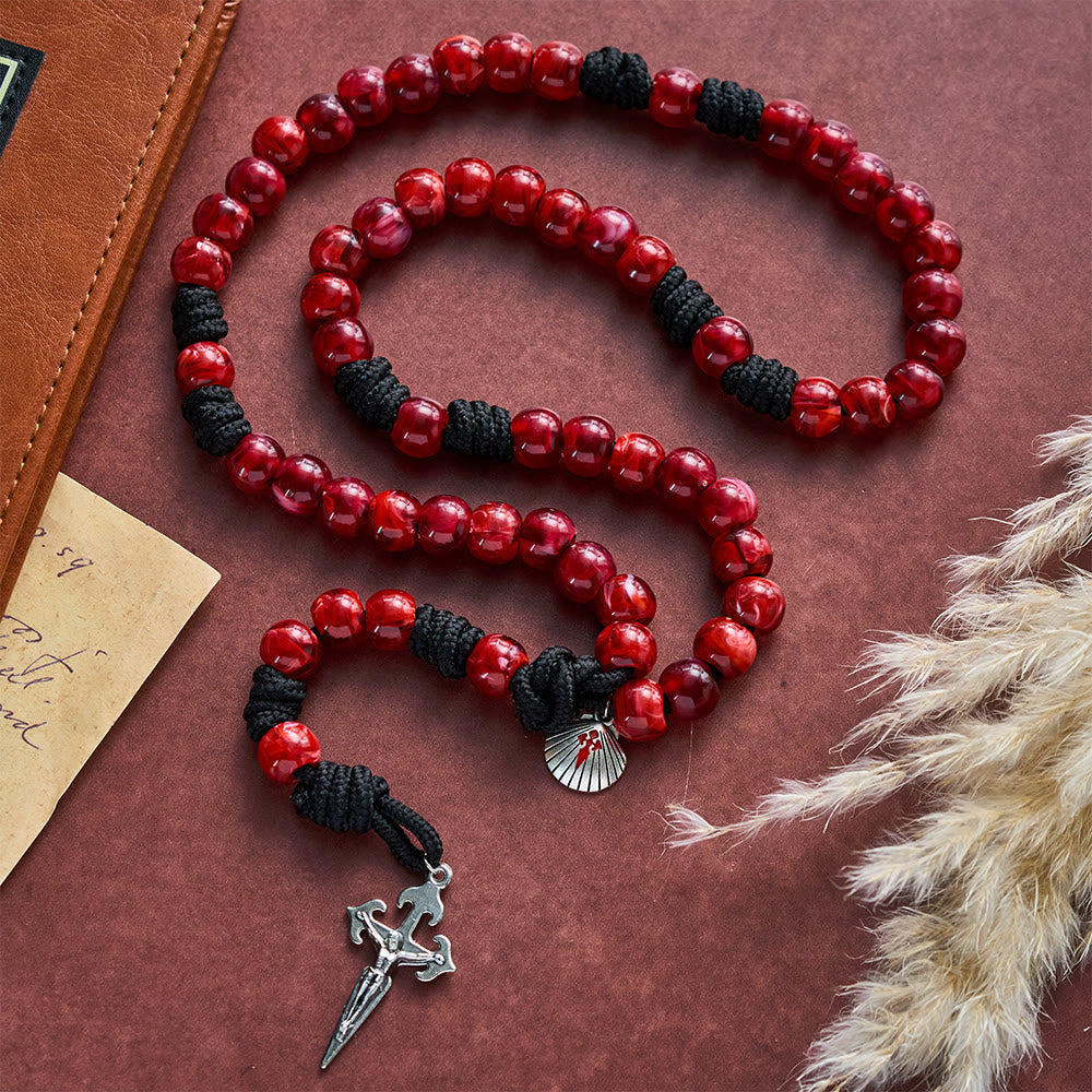 SolaceBeads Rich Red Artistic Rosary with Shell Medal &amp; Sword Crucifix: Pilgrimage Faith Series - image 9
