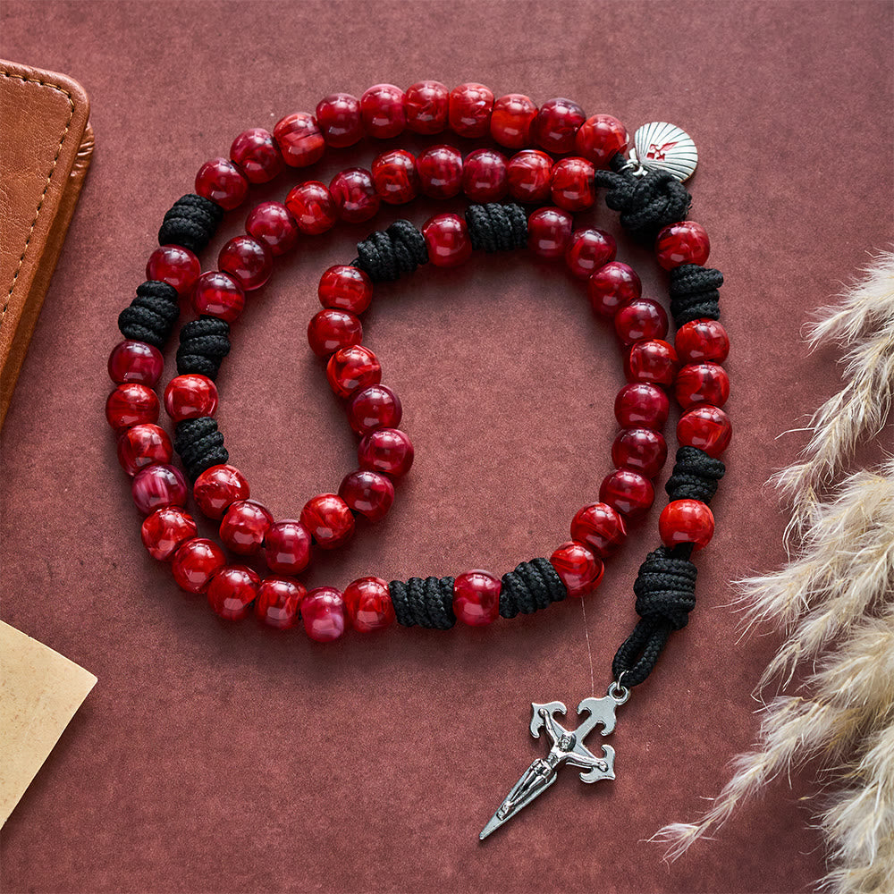 SolaceBeads Rich Red Artistic Rosary with Shell Medal &amp; Sword Crucifix: Pilgrimage Faith Series - Red - image 0