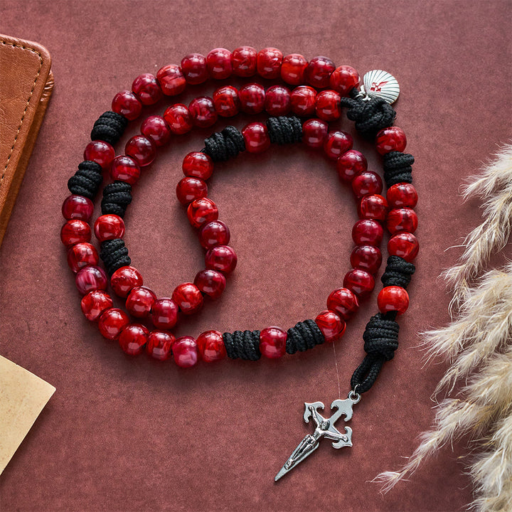 SolaceBeads Rich Red Artistic Rosary with Shell Medal &amp; Sword Crucifix: Pilgrimage Faith Series - Red - image 0
