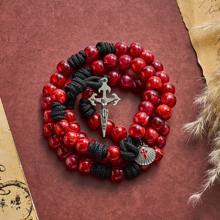 SolaceBeads Rich Red Artistic Rosary with Shell Medal &amp; Sword Crucifix: Pilgrimage Faith Series - image 6
