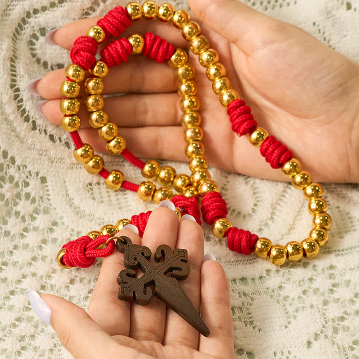 SolaceBeads Knotted Art Rosary, Red Cord Knots, St. James Cross: Faithful Steadfast Daily Devotion - image 1