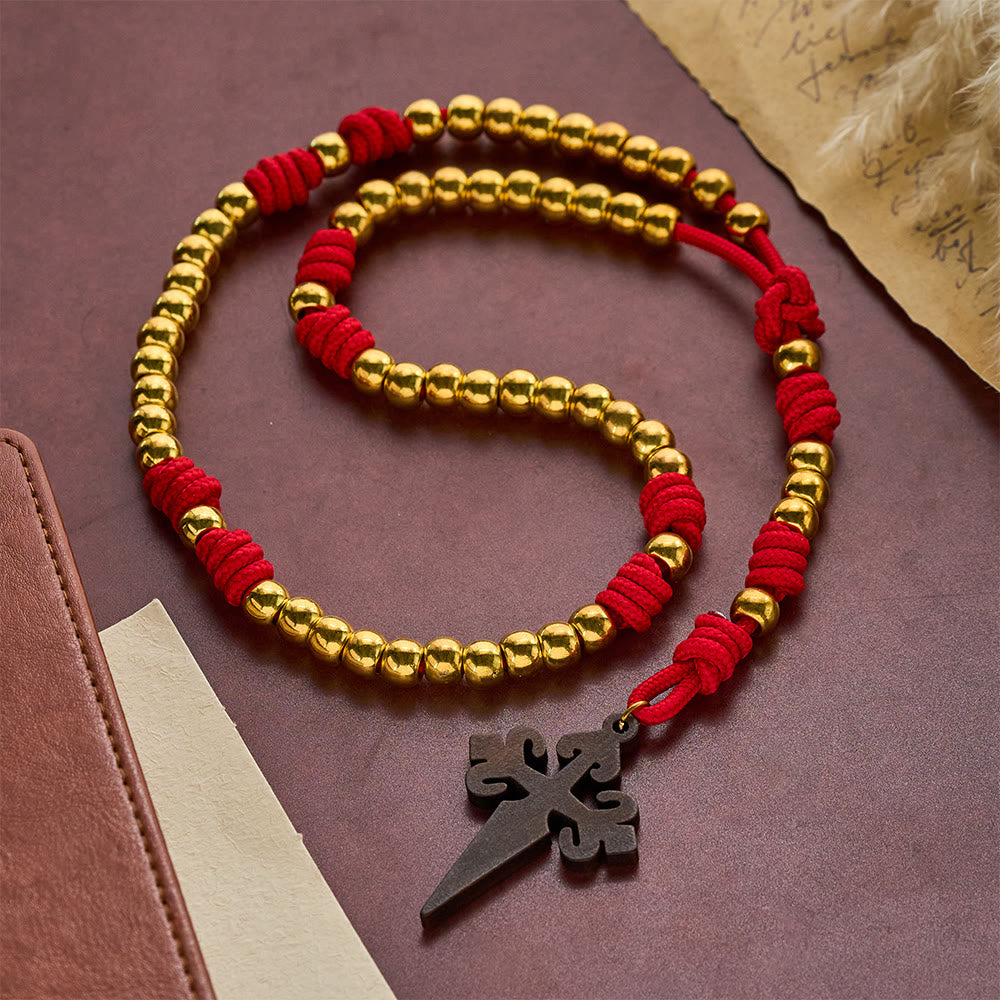 SolaceBeads Knotted Art Rosary, Red Cord Knots, St. James Cross: Faithful Steadfast Daily Devotion - Gold - image 0