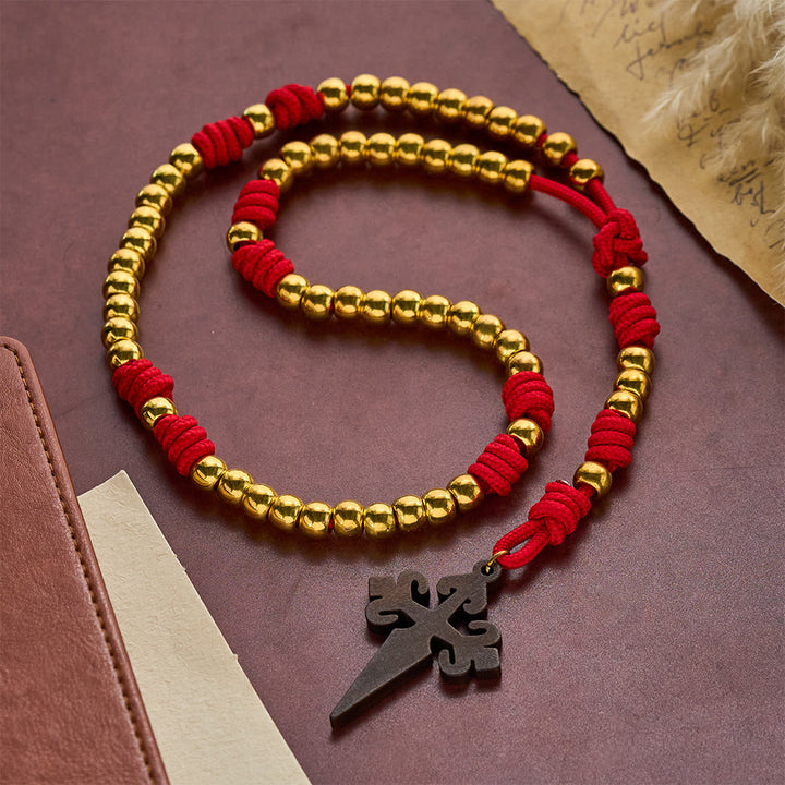 SolaceBeads Knotted Art Rosary, Red Cord Knots, St. James Cross: Faithful Steadfast Daily Devotion - Gold - image 0