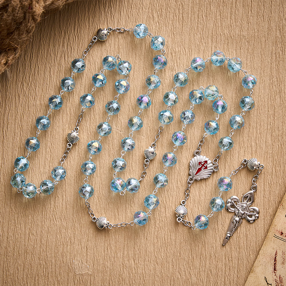 SolaceBeads Pale Crystal Rosary, Shell Spacers, St. James Set: Faithful Steadfast Daily Devotion - Light Blue - image 0