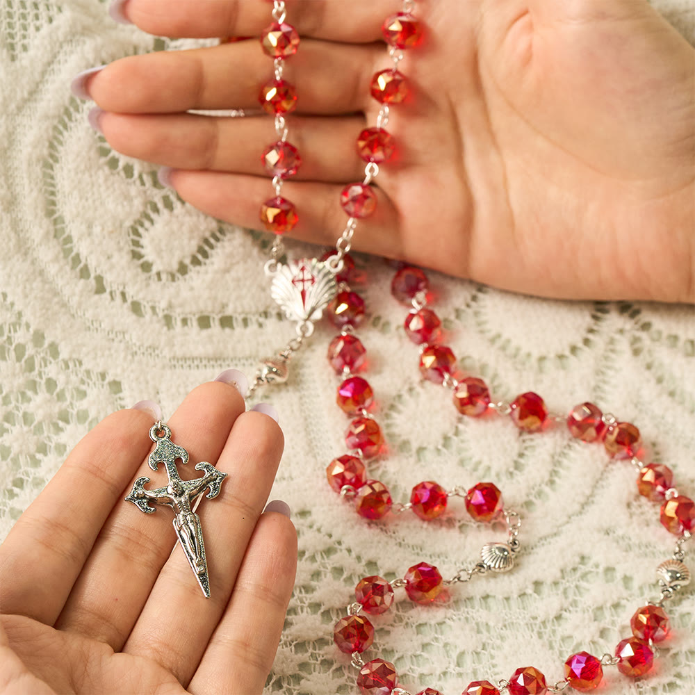 Solacebeads Red Faceted Crystal Rosary With Scallop Medal &amp; Santiago Crucifix: Pilgrimage Passion - image 1