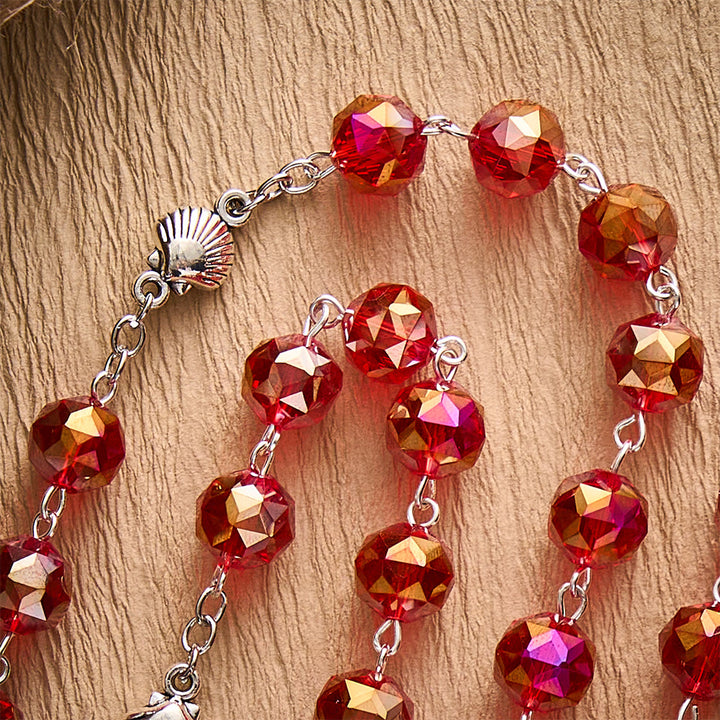 Solacebeads Red Faceted Crystal Rosary With Scallop Medal &amp; Santiago Crucifix: Pilgrimage Passion - image 2