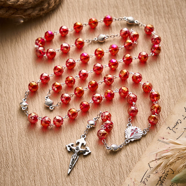 Solacebeads Red Faceted Crystal Rosary With Scallop Medal &amp; Santiago Crucifix: Pilgrimage Passion - image 8