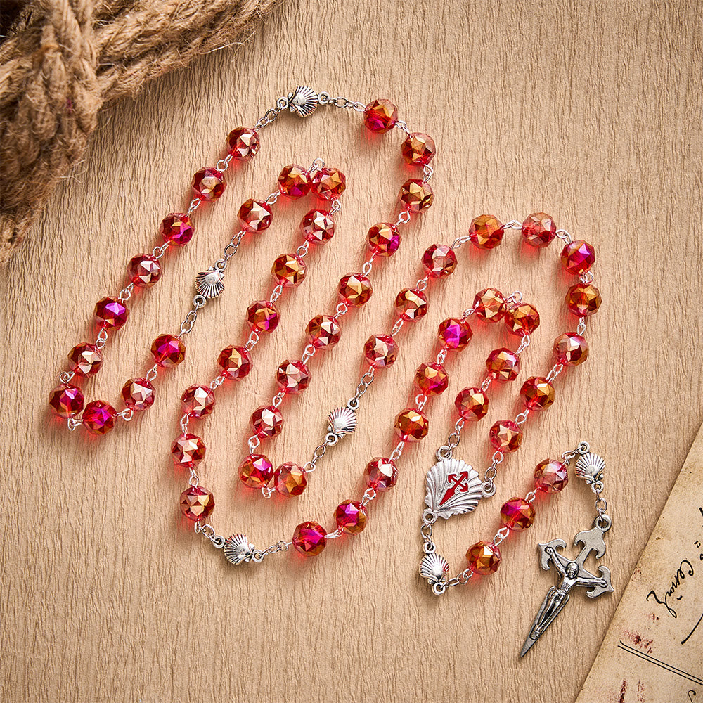 Solacebeads Red Faceted Crystal Rosary With Scallop Medal &amp; Santiago Crucifix: Pilgrimage Passion - Red - image 0