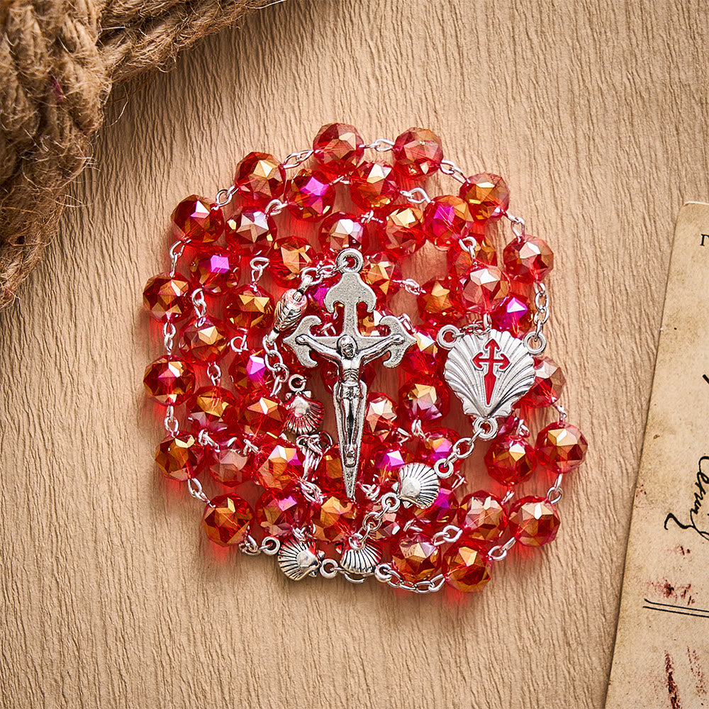 Solacebeads Red Faceted Crystal Rosary With Scallop Medal &amp; Santiago Crucifix: Pilgrimage Passion - image 6