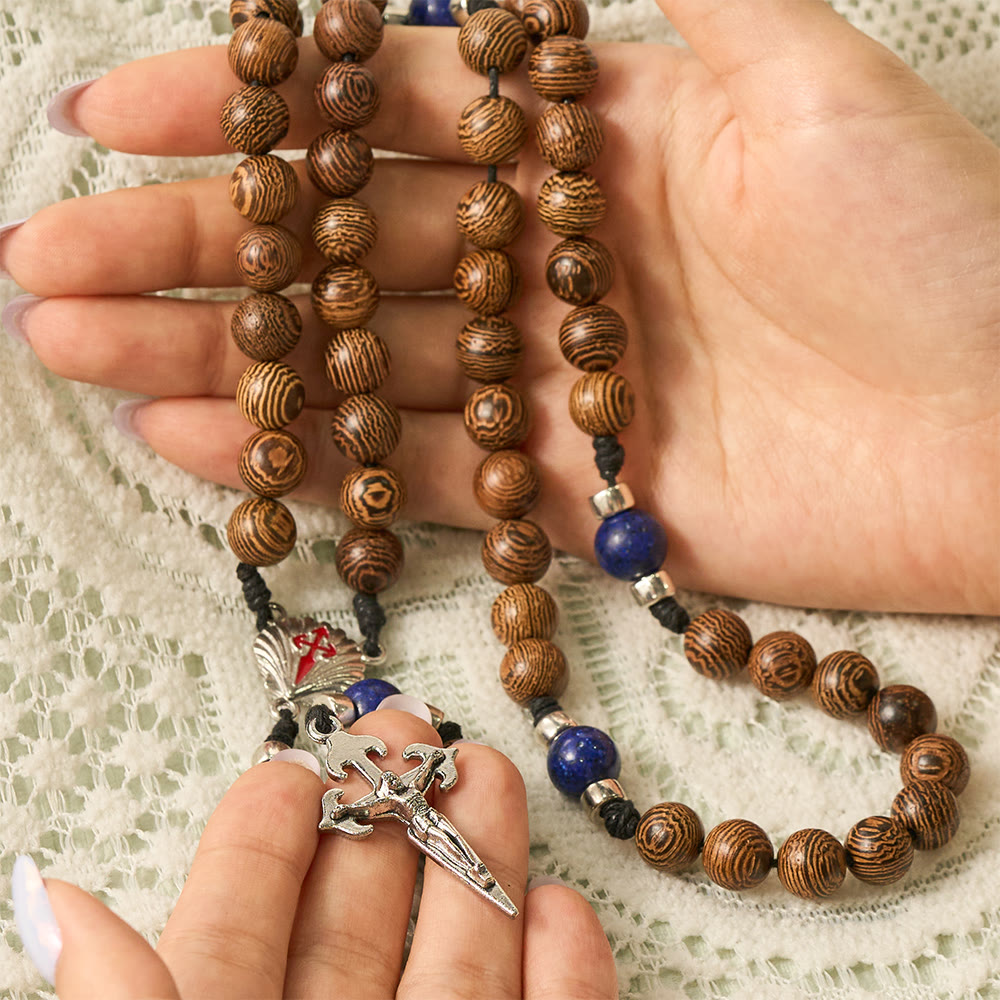 SolaceBeads Knotted Wood Rosary, Lapis Beads, St. James Emblems: Devoted Resolute Daily Devotion - image 1
