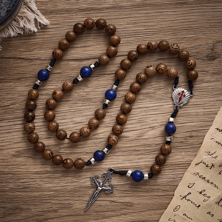 SolaceBeads Knotted Wood Rosary, Lapis Beads, St. James Emblems: Devoted Resolute Daily Devotion - image 2