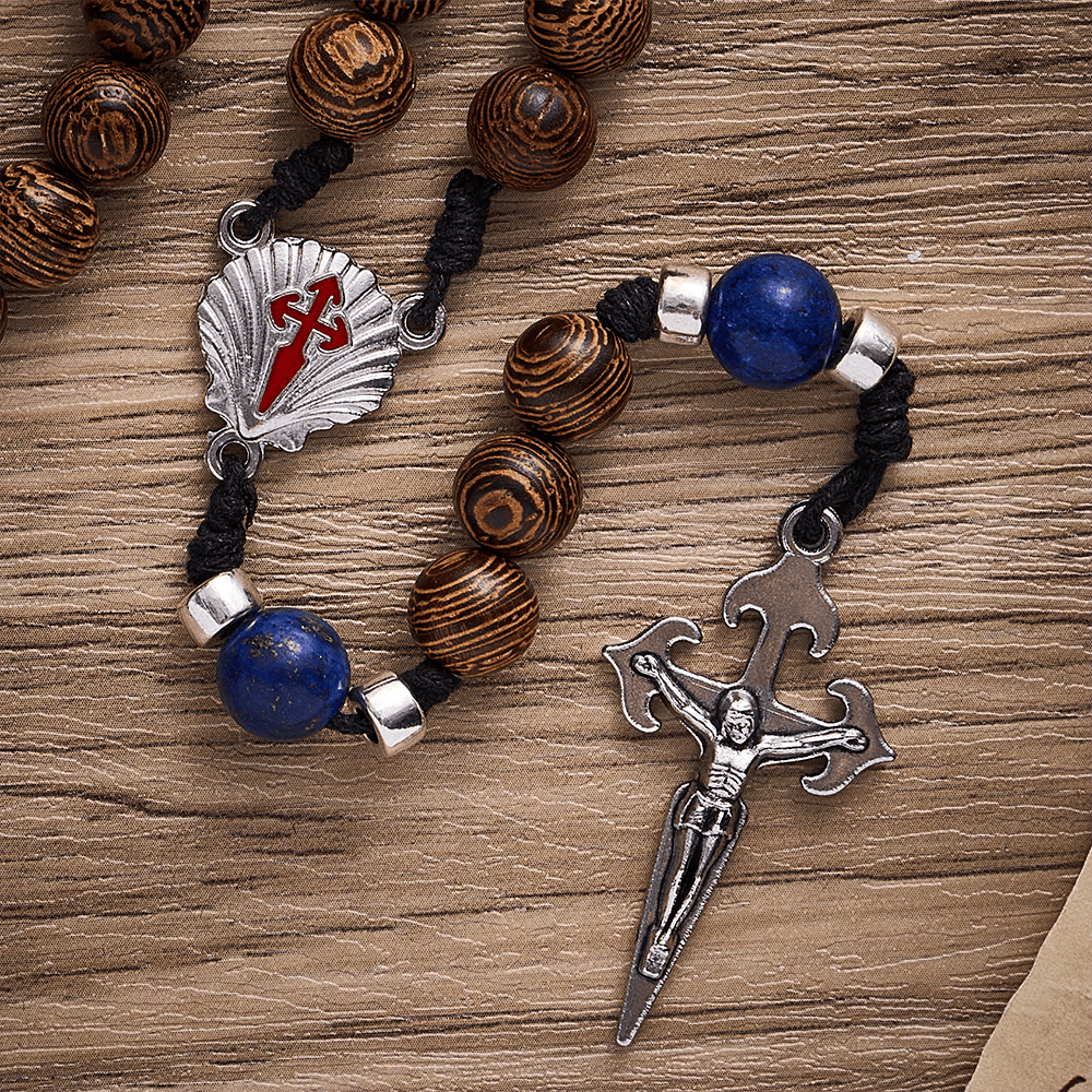 SolaceBeads Knotted Wood Rosary, Lapis Beads, St. James Emblems: Devoted Resolute Daily Devotion - image 5