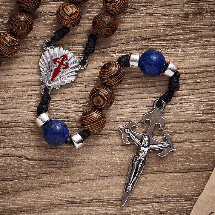 SolaceBeads Knotted Wood Rosary, Lapis Beads, St. James Emblems: Devoted Resolute Daily Devotion - image 5