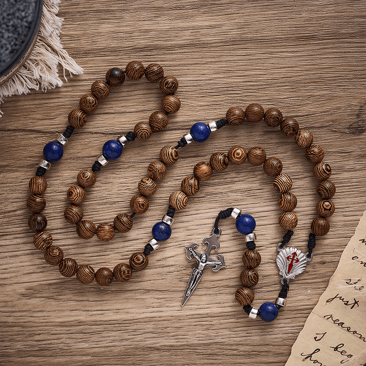SolaceBeads Knotted Wood Rosary, Lapis Beads, St. James Emblems: Devoted Resolute Daily Devotion - Wenge - image 0