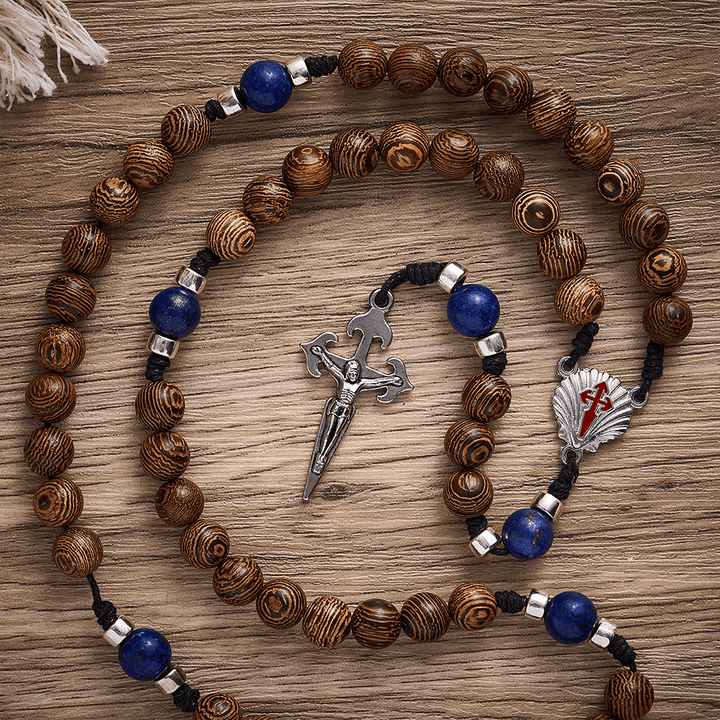 SolaceBeads Knotted Wood Rosary, Lapis Beads, St. James Emblems: Devoted Resolute Daily Devotion - image 3
