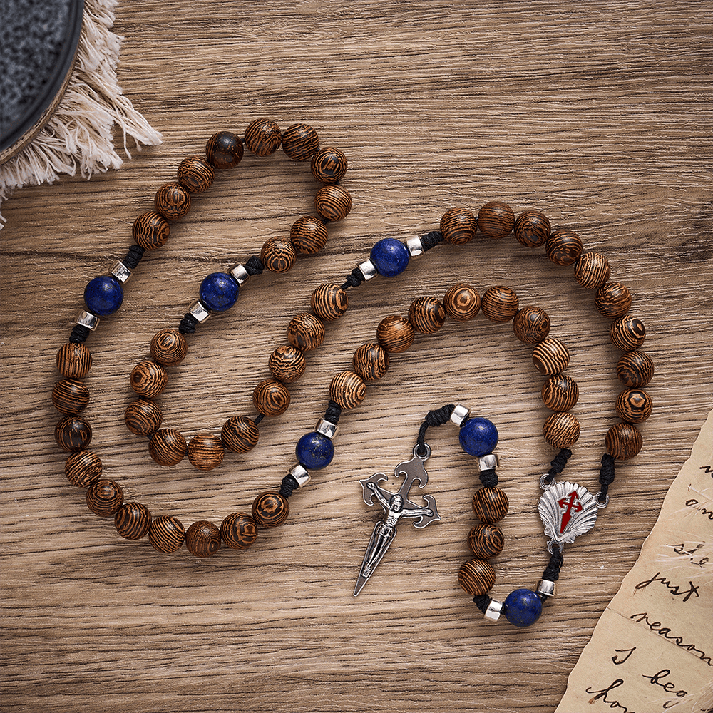 SolaceBeads Knotted Wood Rosary, Lapis Beads, St. James Emblems: Devoted Resolute Daily Devotion - Wenge - image 0